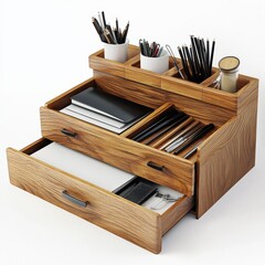 3D desk organizer with drawers in realistic wood style