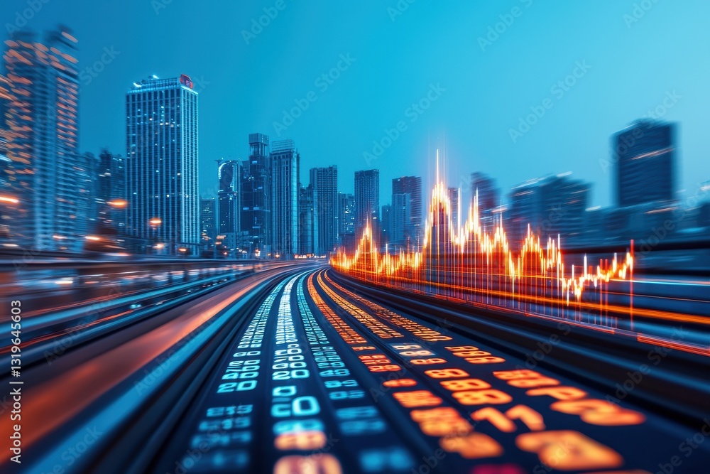 Poster a visionary approach to business and economics. dynamic city skyline with financial data visualizati