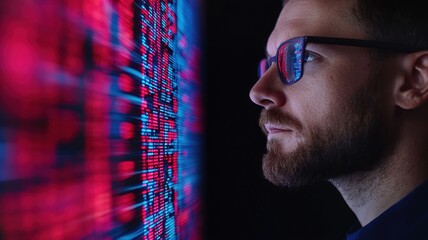A visionary approach to business and economics. Focused man in glasses analyzing digital data on a vibrant screen.