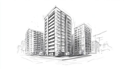 Architectural sketch of multistory buildings drawn freehand with a pencil in vector format