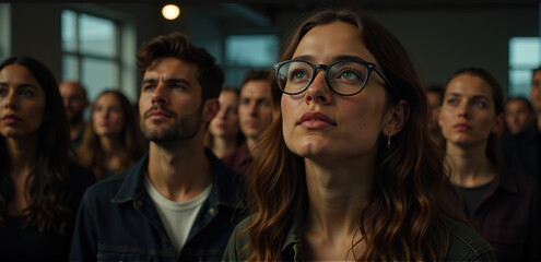 Fototapeta premium Diverse group of young adults attentively listening to a presentation indoors.