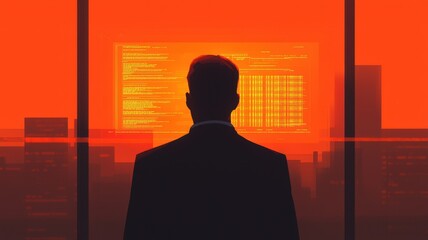 Fototapeta premium A visionary approach to business and economics. A silhouette of a man gazes at a glowing screen against a vibrant orange city backdrop.