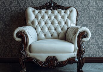 Elegant Cream Leather Armchair with Intricate Woodwork and Vintage Background Design