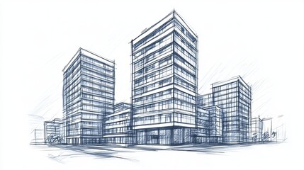 Architectural sketch of multistory buildings drawn freehand with a pencil in vector format