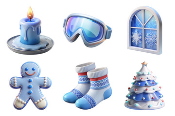 Fototapeta premium Cozy winter elements including candle, goggles, and snowman. Perfect for holiday themes 3d