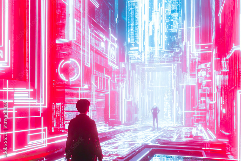 Aufkleber exploration of a vibrant cyberpunk city where scientists harness energy from virtual realms