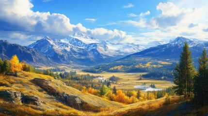 Fototapeta premium A scenic autumn hike through a mountain valley, with amber and gold foliage covering the ground and towering peaks in the background. 
