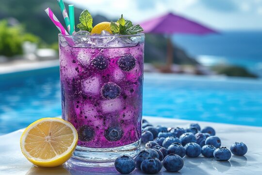 Refreshing blueberry lemonade with ice lemon and mint on a sunny day by the pool Perfect for summer!