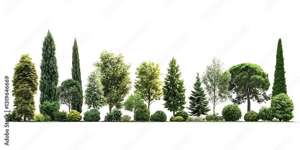 Poster evergreen harmony: a diverse collection of trees and bushes in an array of shapes and sizes, offerin