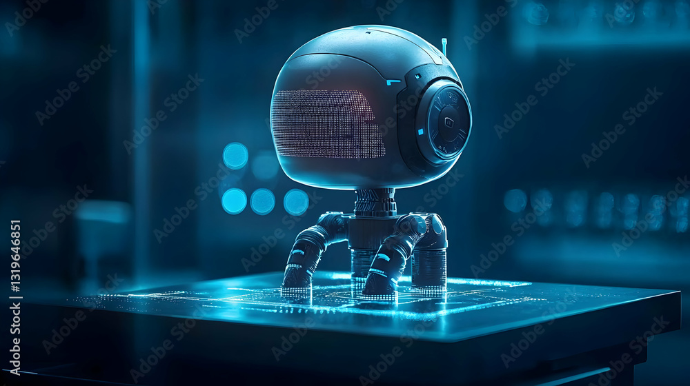 Poster small metallic robot with pixelated display on a dark blue lit platform in a futuristic technologica