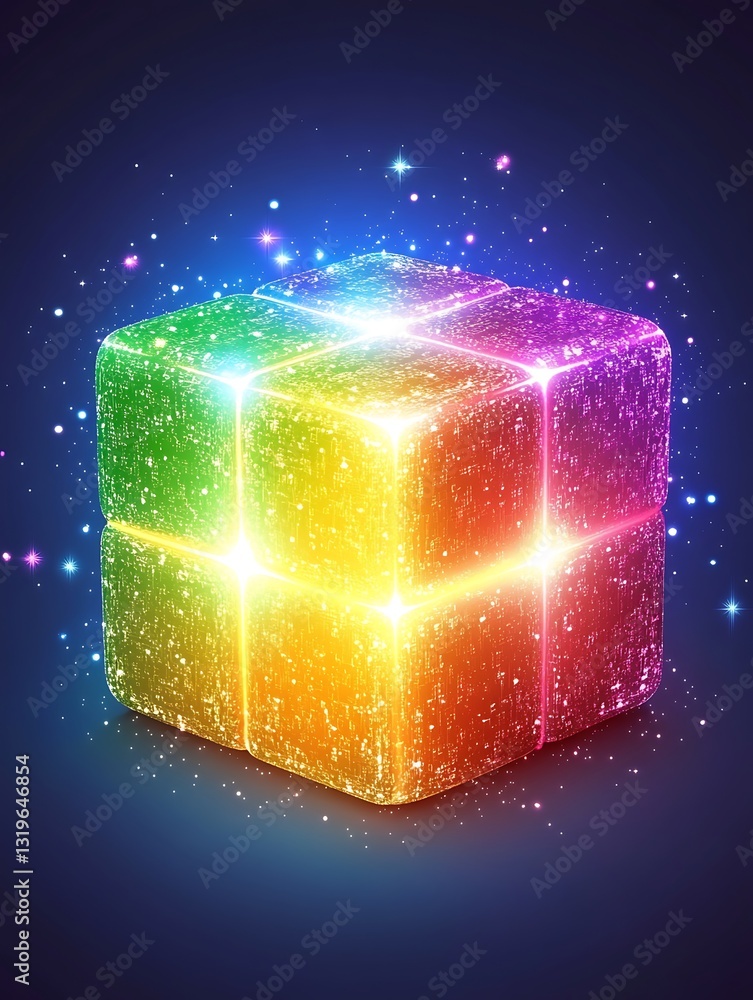 Aufkleber luminous rainbow cube with sparkling particles on deep blue background