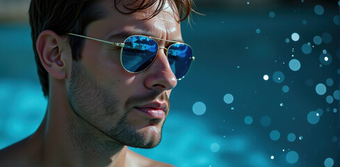 Close-up portrait of a young, attractive man wearing aviator sunglasses by a swimming pool on a sunny day.