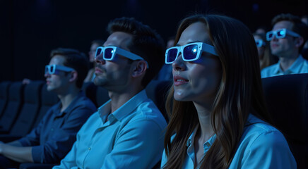 Young adults wearing 3D glasses watch a movie in a dark cinema. Ideal for advertising entertainment, film, and cinema.