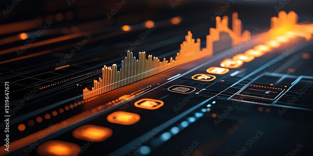 Poster a dynamic digital visualization showcasing audio waveforms and vibrant metrics against a sleek, tech