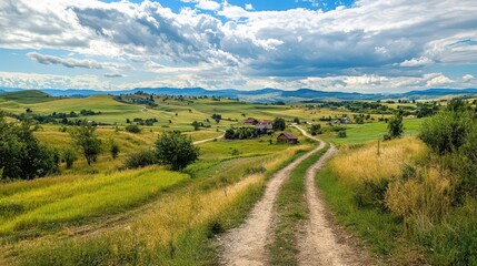 Fototapeta premium Serene Country Road Winding Through Lush Green Meadows and Hills