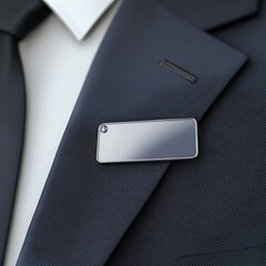 Realistic 3D office name badge pinned to suit