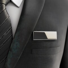 Realistic 3D office name badge pinned to suit