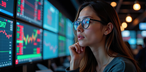 Young businesswoman analyzing stock market data on multiple screens at night in an office setting.