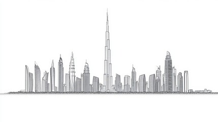 Obraz premium Dubai city skyline featuring towers and landmarks in a liner illustration style vector with famous buildings in a cityscape line art vector