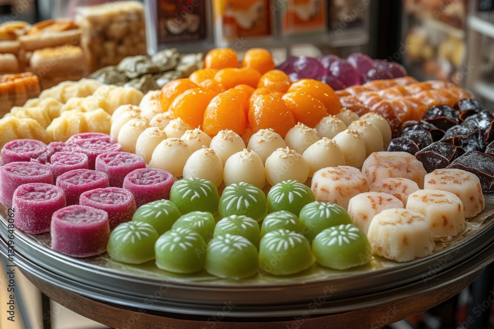 Poster display of colorful assorted candy and sweets on a metal platter a variety of textures and shapes cr