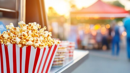 A vibrant outdoor scene featuring a large bucket of popcorn with a festive background of people enjoying snacks