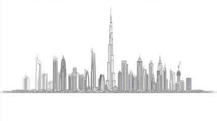Dubai city skyline featuring towers and landmarks in a liner illustration style vector with famous buildings in a cityscape line art vector