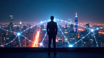 Fototapeta premium Businessman overlooking networked cityscape amidst a dramatic night skyline