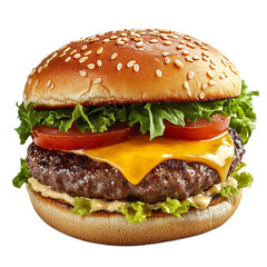 Juicy Beef Hamburger with Melted Cheese, Fresh Tomatoes, Crisp Lettuce, and Sesame Seed Bun on Transparent Background for Food Photography