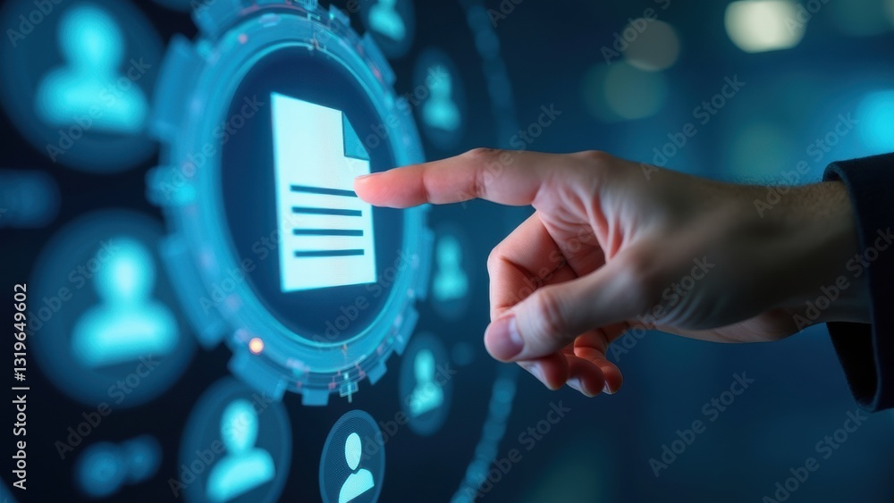 Poster hand is pointing at a blue circle with a paper icon in the middle. the circle is surrounded by a gro