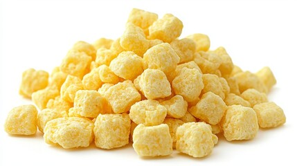 Pile of Crunchy Yellow Cereal Pieces Isolated on White Background for Use in Food Related Projects