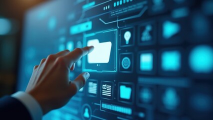 Person is pointing at a computer screen with a blue background. The screen is filled with icons and buttons. Concept of using technology to access