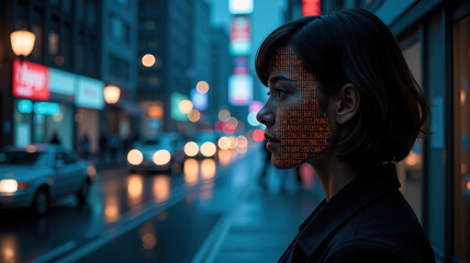 Young woman's profile with digital code overlay, city street background at night. Futuristic, technology, AI concept.
