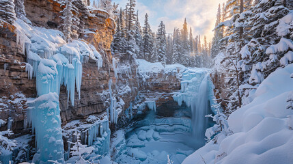 A majestic frozen waterfall cascading down rugged, icy cliffs.