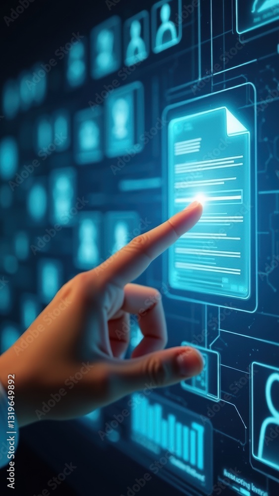Poster person is pointing at a screen with a blue background and a lot of people. the image is of a compute