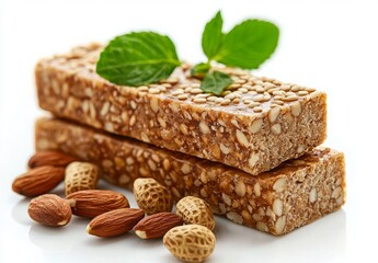 Healthy Nut Bar with Almonds and Sesame Seeds Garnished with Fresh Mint Leaves