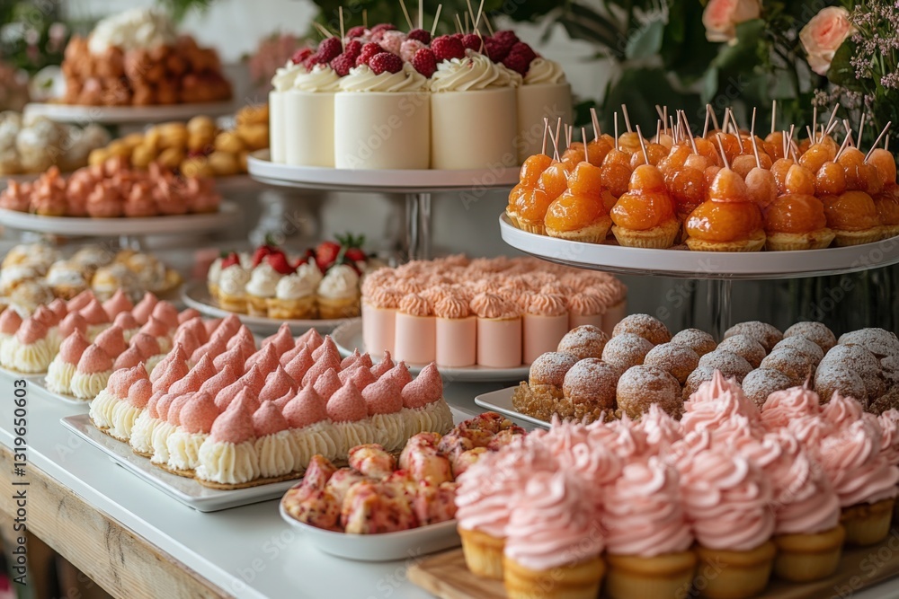 Poster a delightful array of mini cakes and pastries arranged on a table tempting the eye with vibrant colo