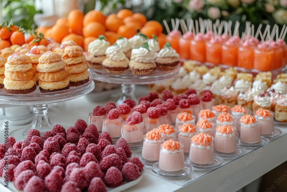 Poster a colorful dessert table featuring assorted pastries fruit and beverages with vibrant oranges raspbe