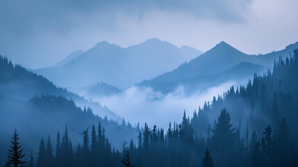 Obraz premium A misty mountain ridge at twilight with deep blue hues.