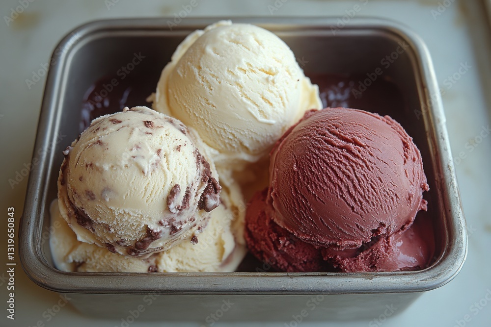 Aufkleber three scoops of ice cream in a metal container: vanilla chocolate chip and raspberry flavor combinat