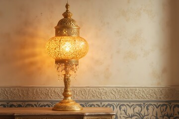 a lamp on a table in front of a wall