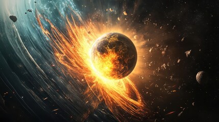 Obraz premium Explosive Cosmic Catastrophe with Bright Fire and Asteroids Surrounding