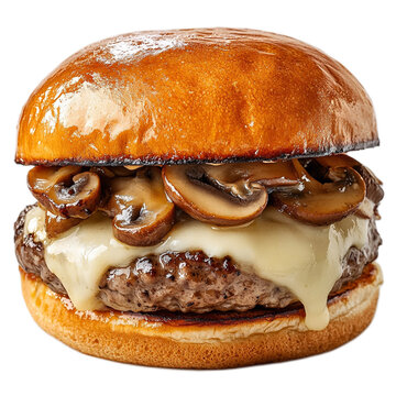 Juicy Hamburger with Melted Cheese and Saut&eacute;ed Mushrooms on Soft Brioche Bun Ready for a Delicious Bite