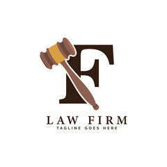 Letter F Law Firm Logo Concept with Judge Hammer. Alphabet F Judge Gavel