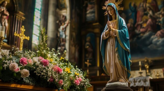Religious statue of Mary in a church interior. Possible use Stock photo for religious imagery