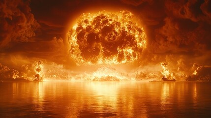 Fiery explosion over ocean, apocalyptic scene