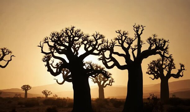 A group of baobab trees with a sky background. 4k 
