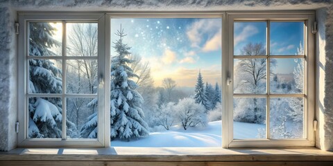 A tranquil winter scene with a snow-covered window frame, frosty glass