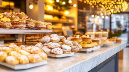 Fototapeta premium A vibrant bakery display featuring an array of freshly baked pastries and desserts, with warm lighting