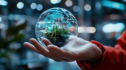 Business analytics predictive analytics market trends. A hand holds a glass sphere with digital plant graphics inside.