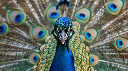 Obraz premium A vibrant peacock displaying its full iridescent plumage in the sunlight.
